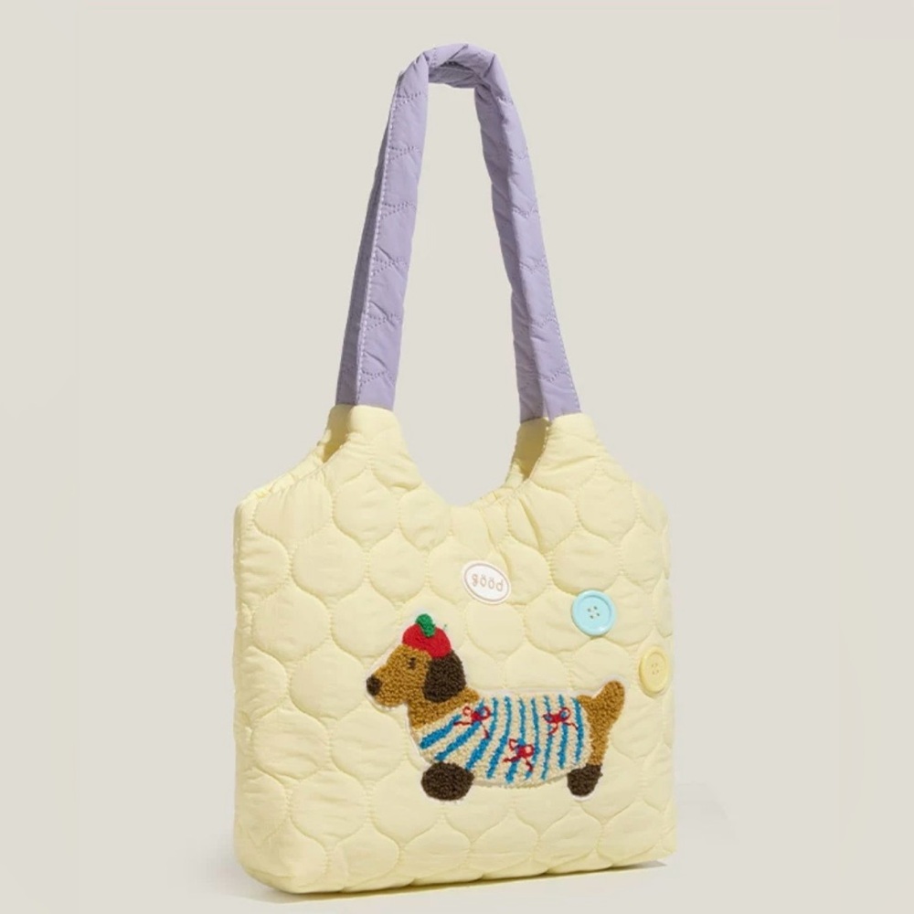 Quilted Yellow Tote with Purple Straps and Dog Appliqué